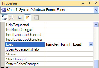 Properties Load Event: type the event handler name into the Load entry
