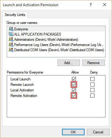 Verify that Everyone has Remote Launch and Remote Activation permissions, and then press OK