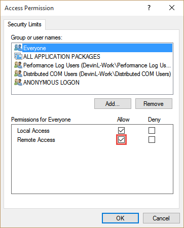 Verify that Everyone has the Remote Access permission enabled and then press OK