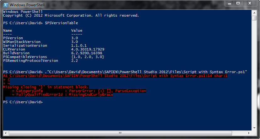 PowerShell V3 Console: syntax error produced by a script