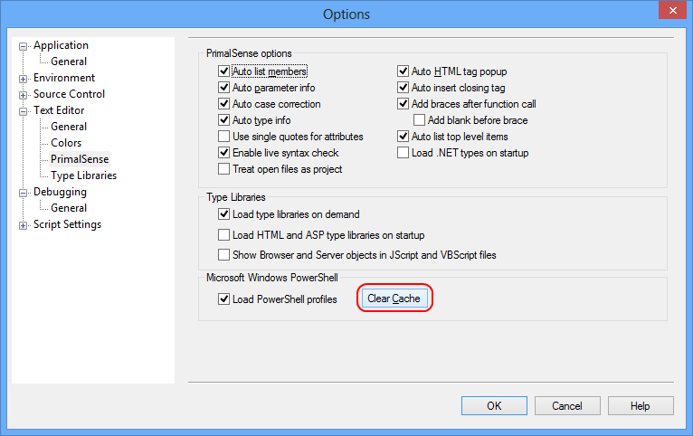 Options--- Text Editor->PrimalSense ---Clear-Cache