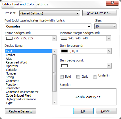 Editor Font and Color Settings