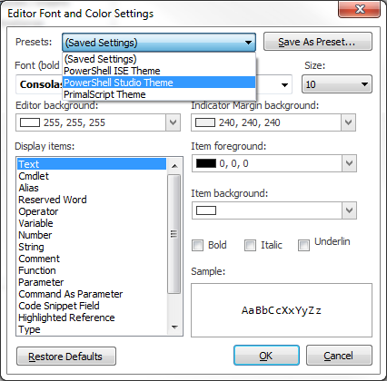 dropdown list of all the coloring presets