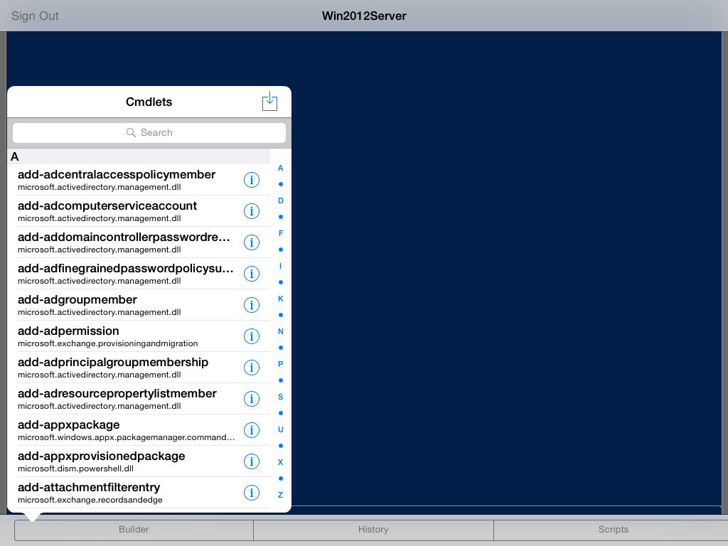 Tapping the BUILDER option brings up a popover list of all the cmdlets which iPowerShell Pro recognizes