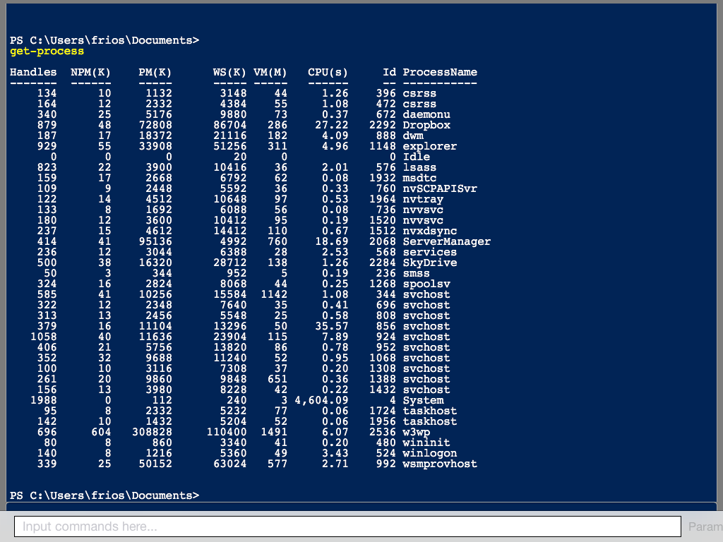 type in a PowerShell Command here and press SEND to execute the command on the server and see the results on the screen