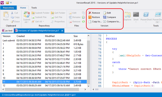 compare, edit, delete, copy restore and merge