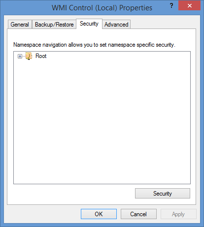 type wmimgmt.msc into the command console or the run box, right click on WMI Control (Local) and select properties