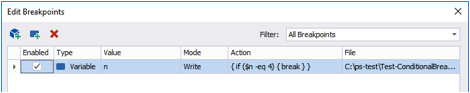 use the Break keyword in my script block to tell Windows PowerShell to break into the debugger when the condition is met.