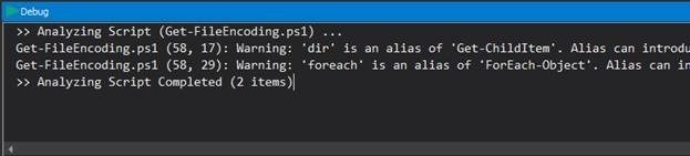 PowerShell Studio writes the results of the script analysis to the Debug tab of the Output Pane