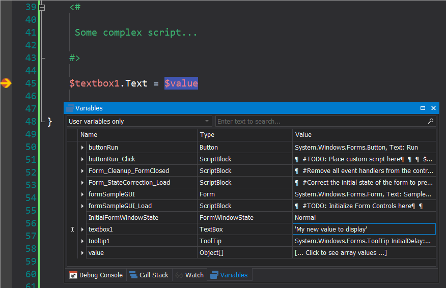 Variables Panel Edit TextBox