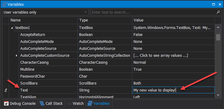 Variables Panel Set Property Value