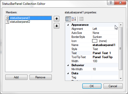 StatusBarPanel Collection Editor